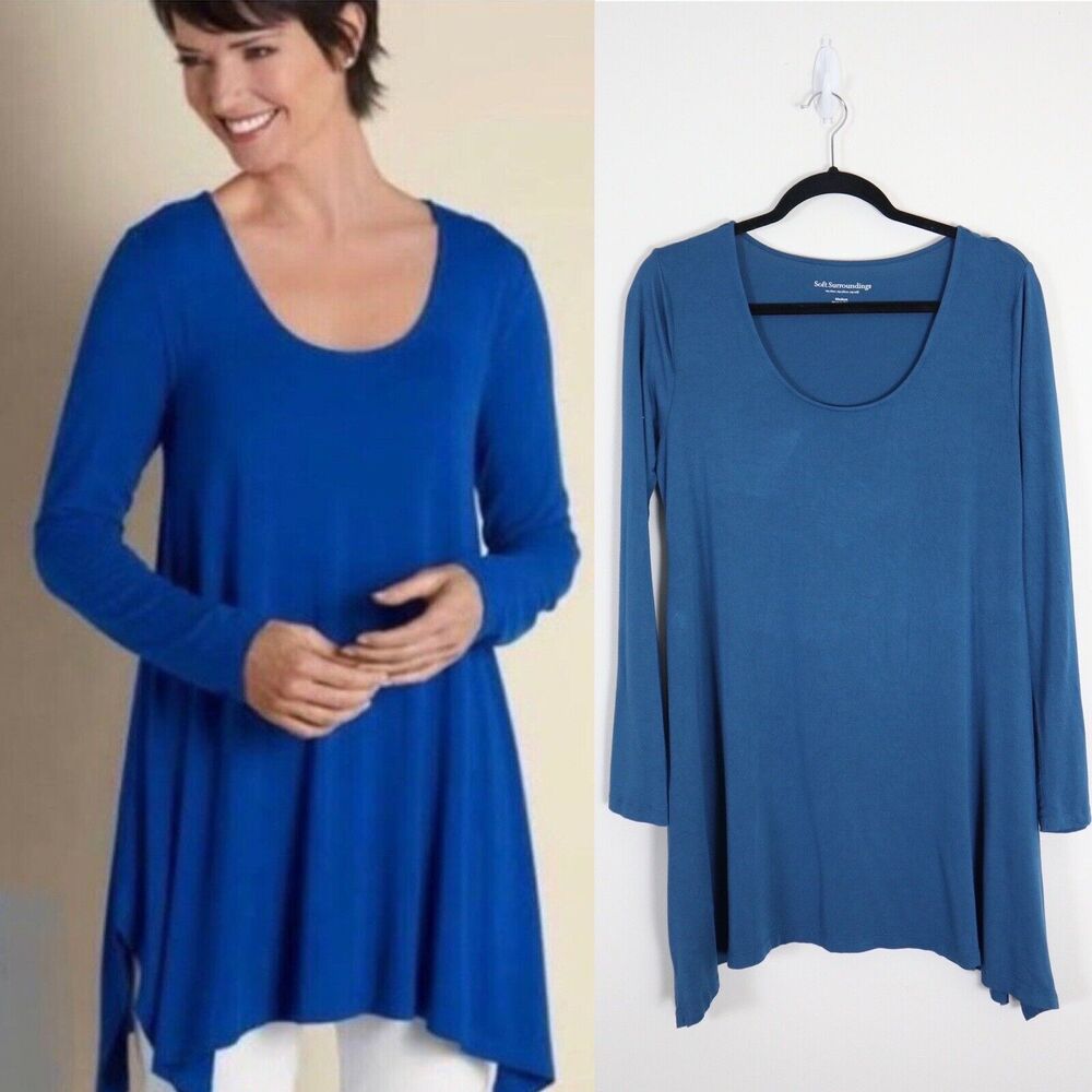 Soft Surroundings Size M Jersey Knit Tunic Scoop Neck Teal Blue Lagenlook